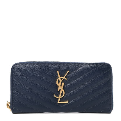Saint Laurent Grain De Poudre Matelasse Chevron Monogram Zip Around Wallet Navy 1 of 9