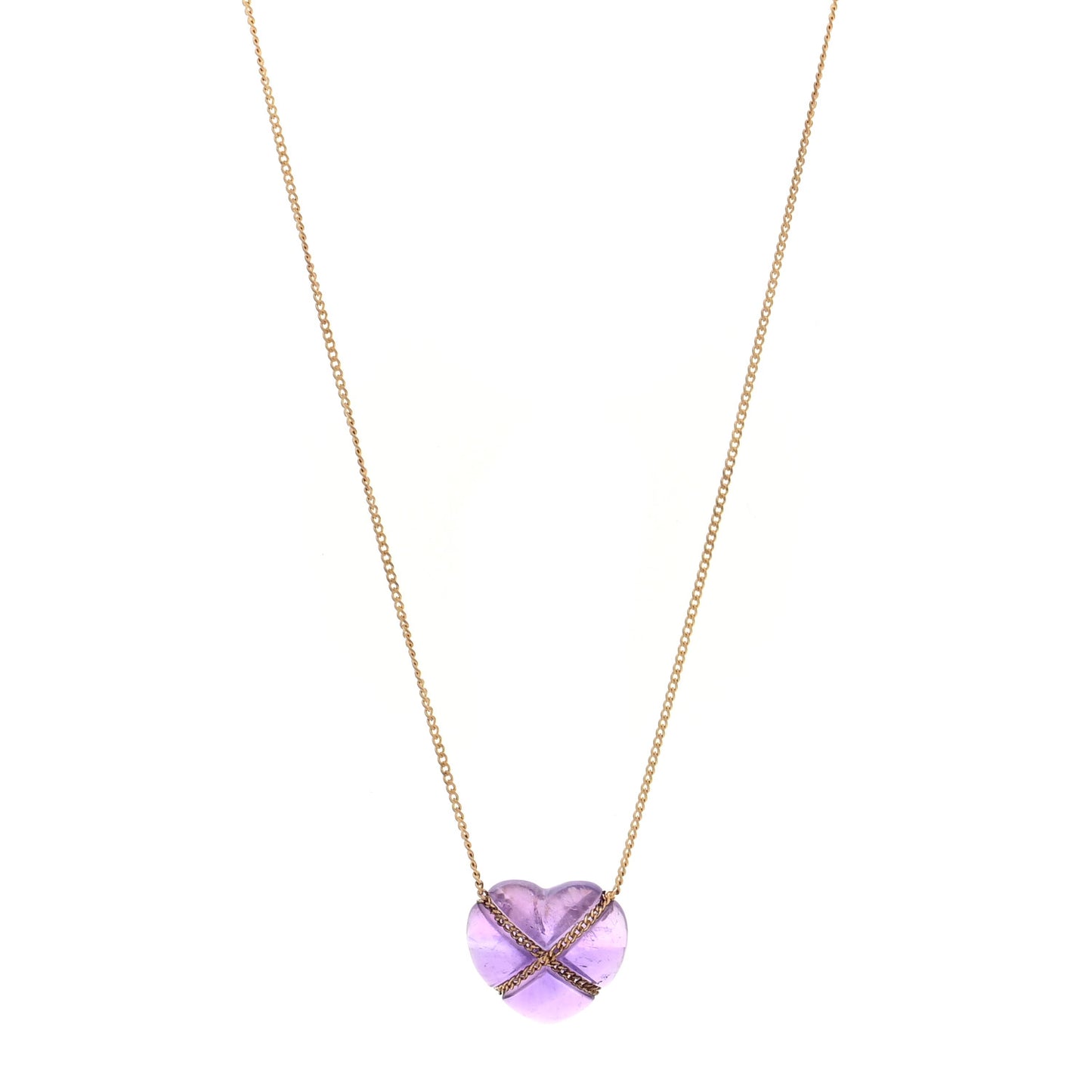 18K Yellow Gold Amethyst Crossover Heart Pendant Necklace