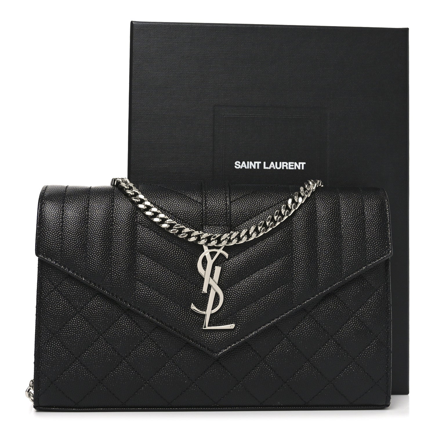 Saint Laurent Grain De Poudre Mixed Matelasse Triquilt Monogram Chain Wallet Black 10 of 10