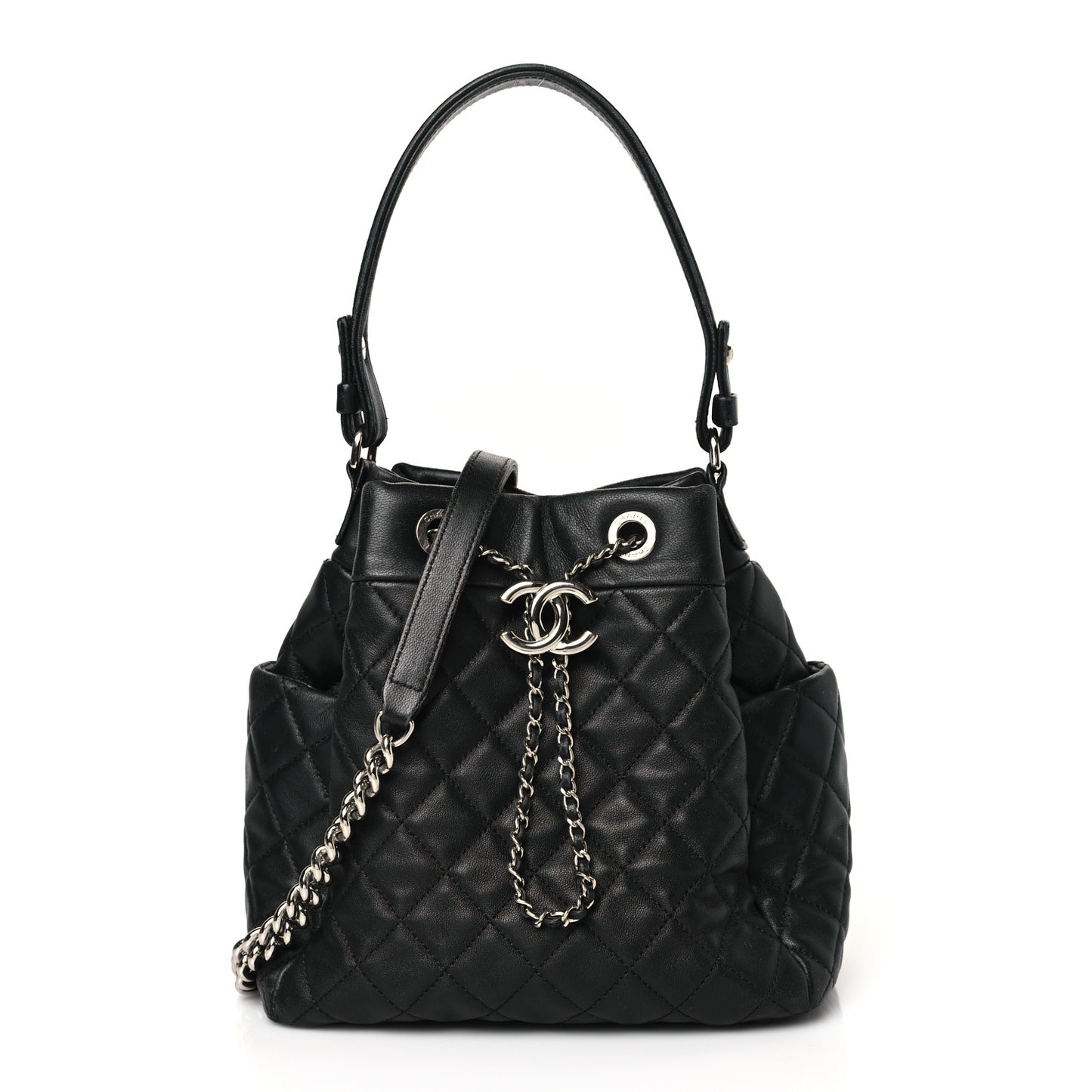 Lambskin Quilted CC Chain Bucket Bag Black