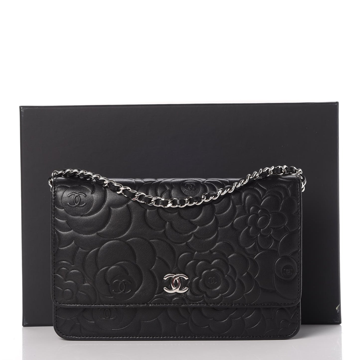 Lambskin Camellia Embossed Wallet On Chain WOC Black