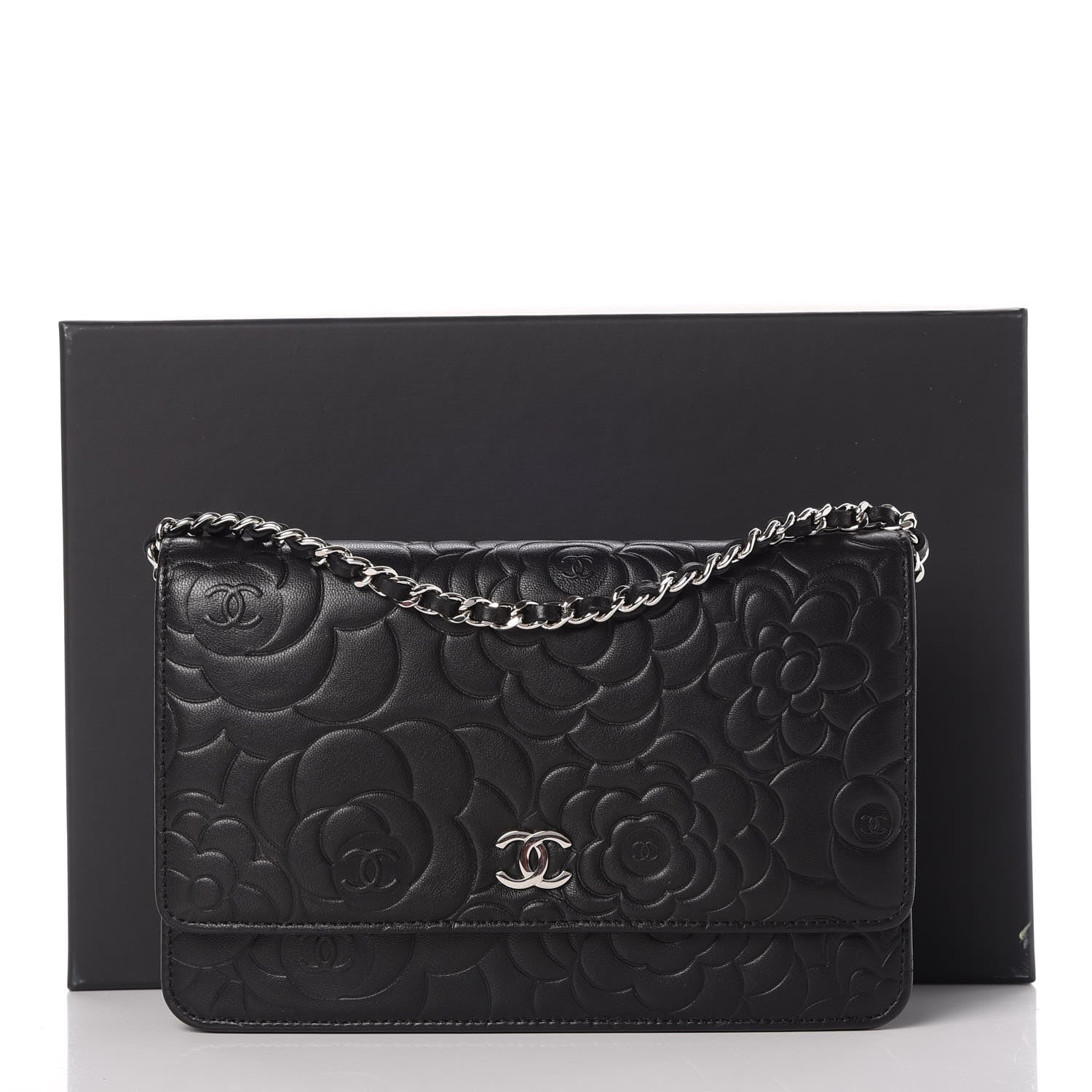 Chanel Lambskin Camellia Embossed Wallet On Chain WOC Black 10 of 10