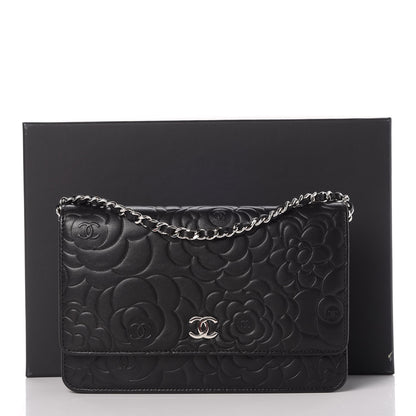 Chanel Lambskin Camellia Embossed Wallet On Chain WOC Black 10 of 10