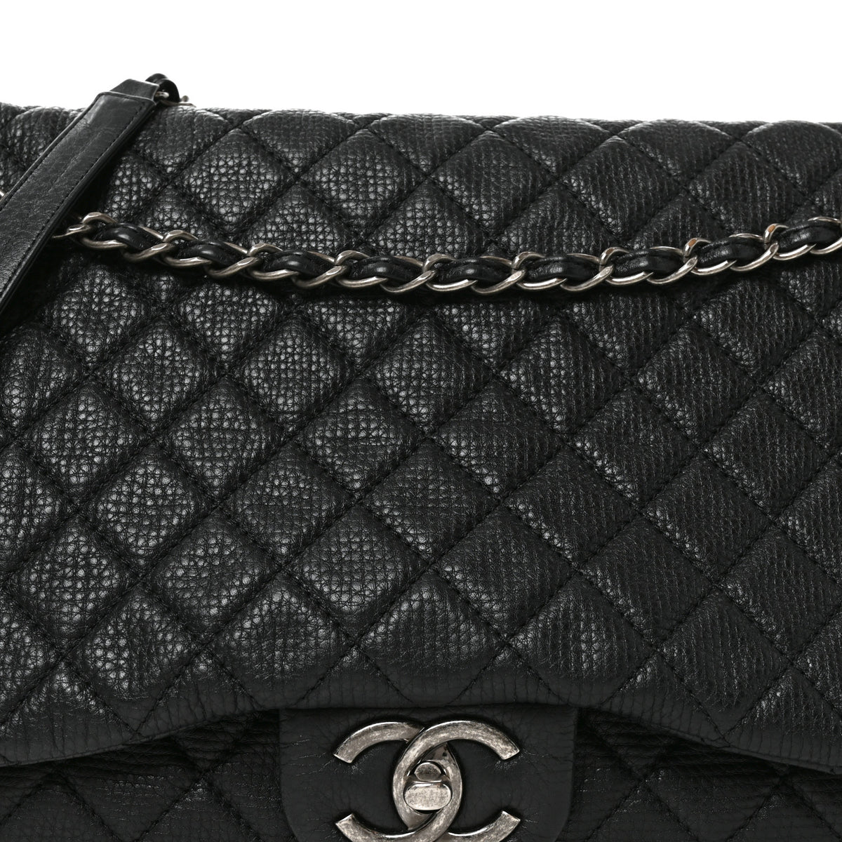 Grained Calfskin Quilted XXL Travel Flap Bag Black