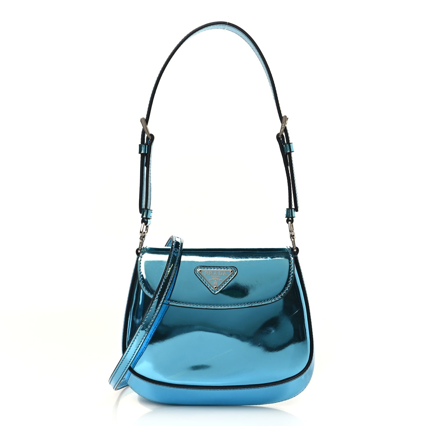 Metallic Brushed Calfskin Mini Cleo Flap Adjustable Strap Shoulder Bag Blue
