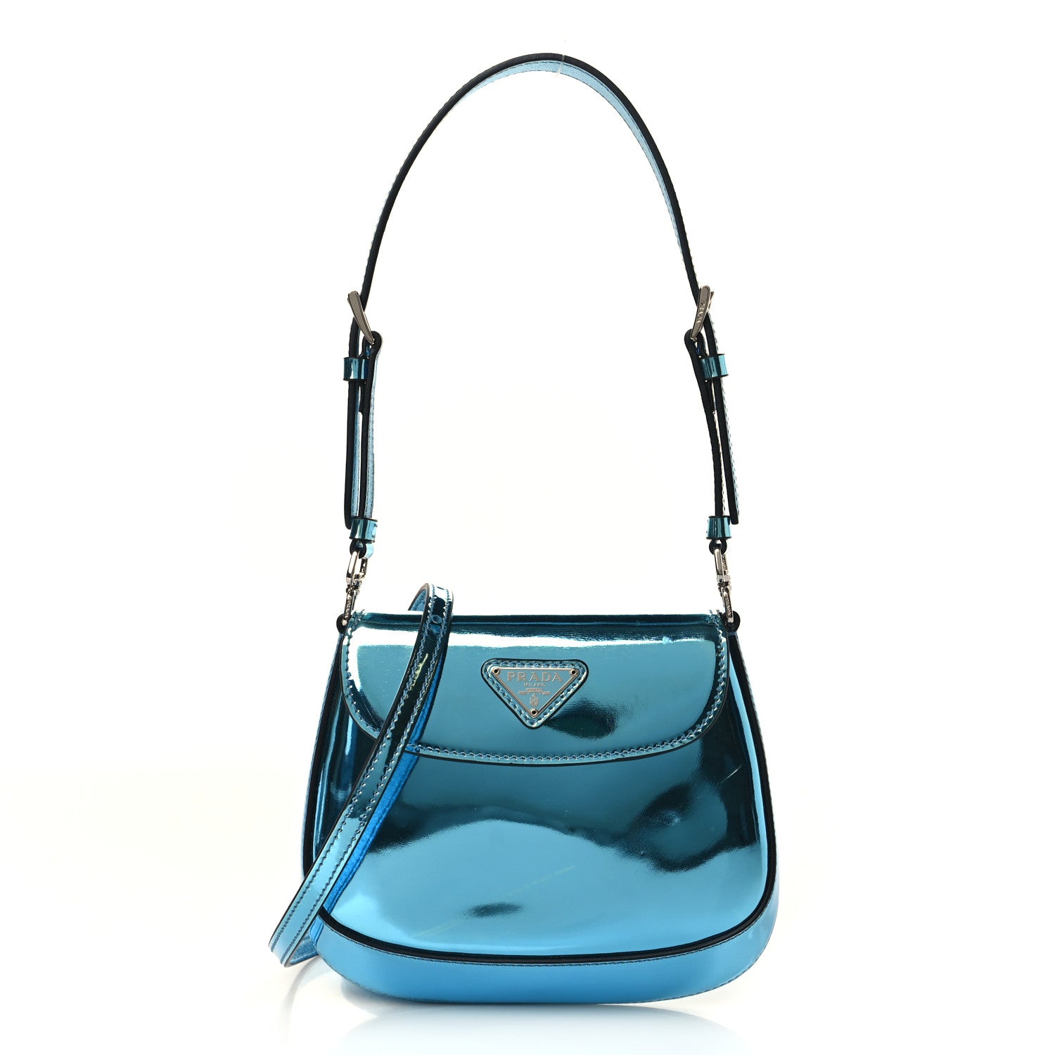 Prada Metallic Brushed Calfskin Mini Cleo Flap Adjustable Strap Shoulder Bag Blue 1 of 8