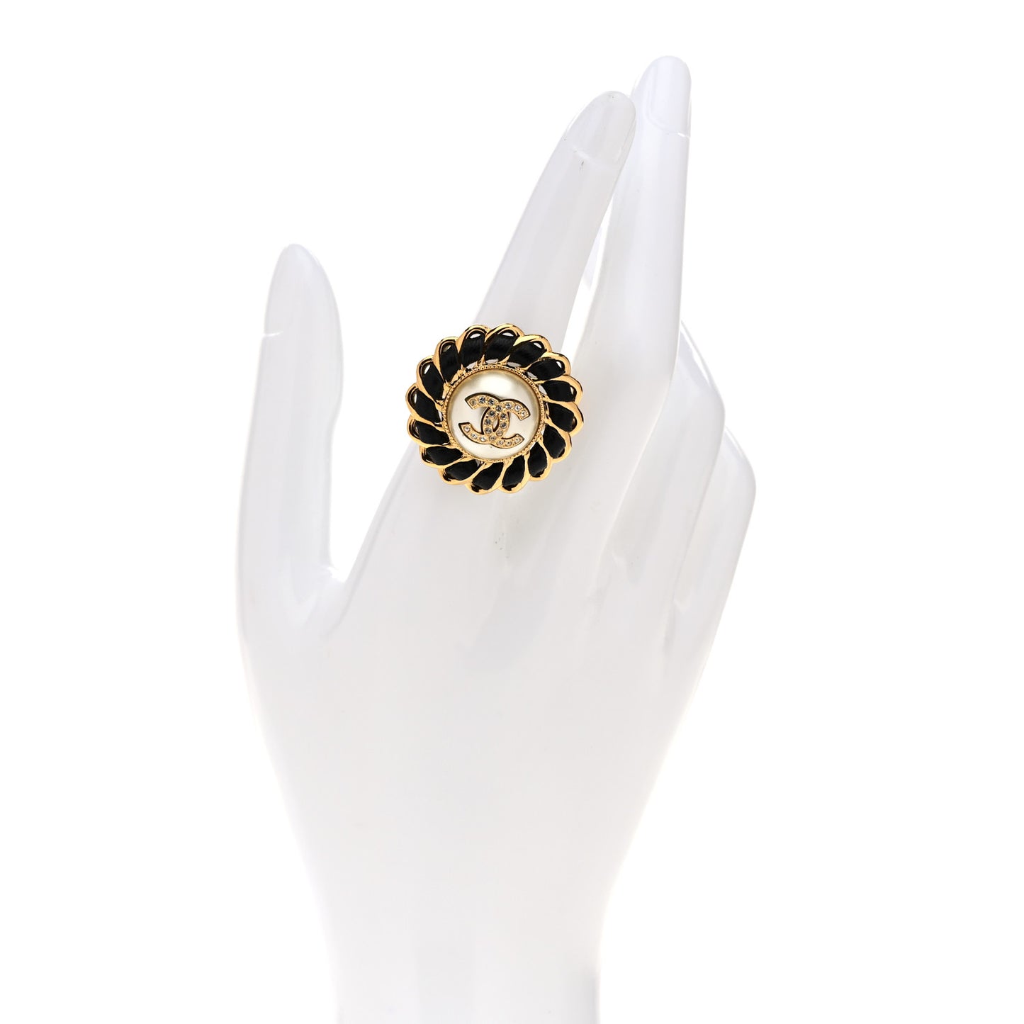 Crystal Pearl Lambskin CC Chain Ring 6.75 Gold