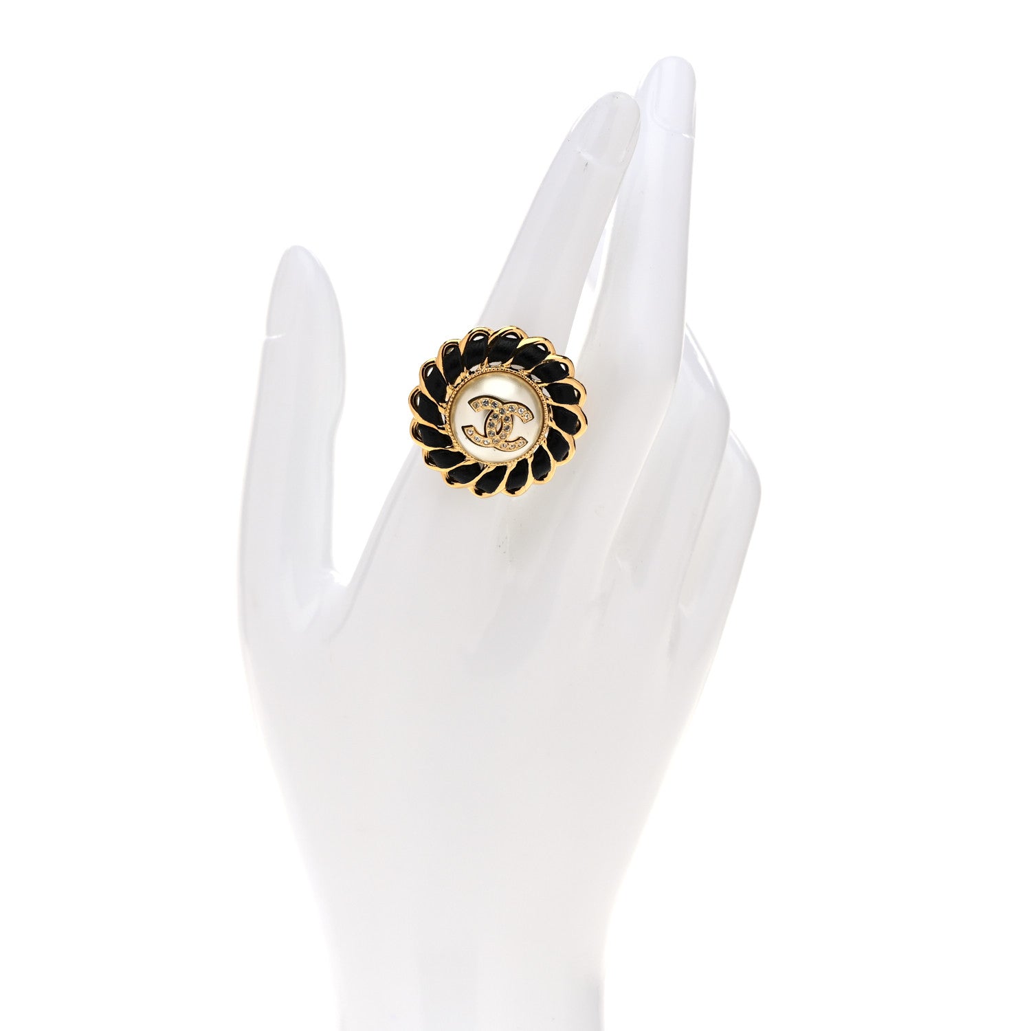 Chanel Crystal Pearl Lambskin CC Chain Ring 6.75 Gold 2 of 5