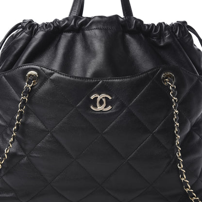Chanel Lambskin Quilted Drawstring Shopping Bag Black 8 of 14