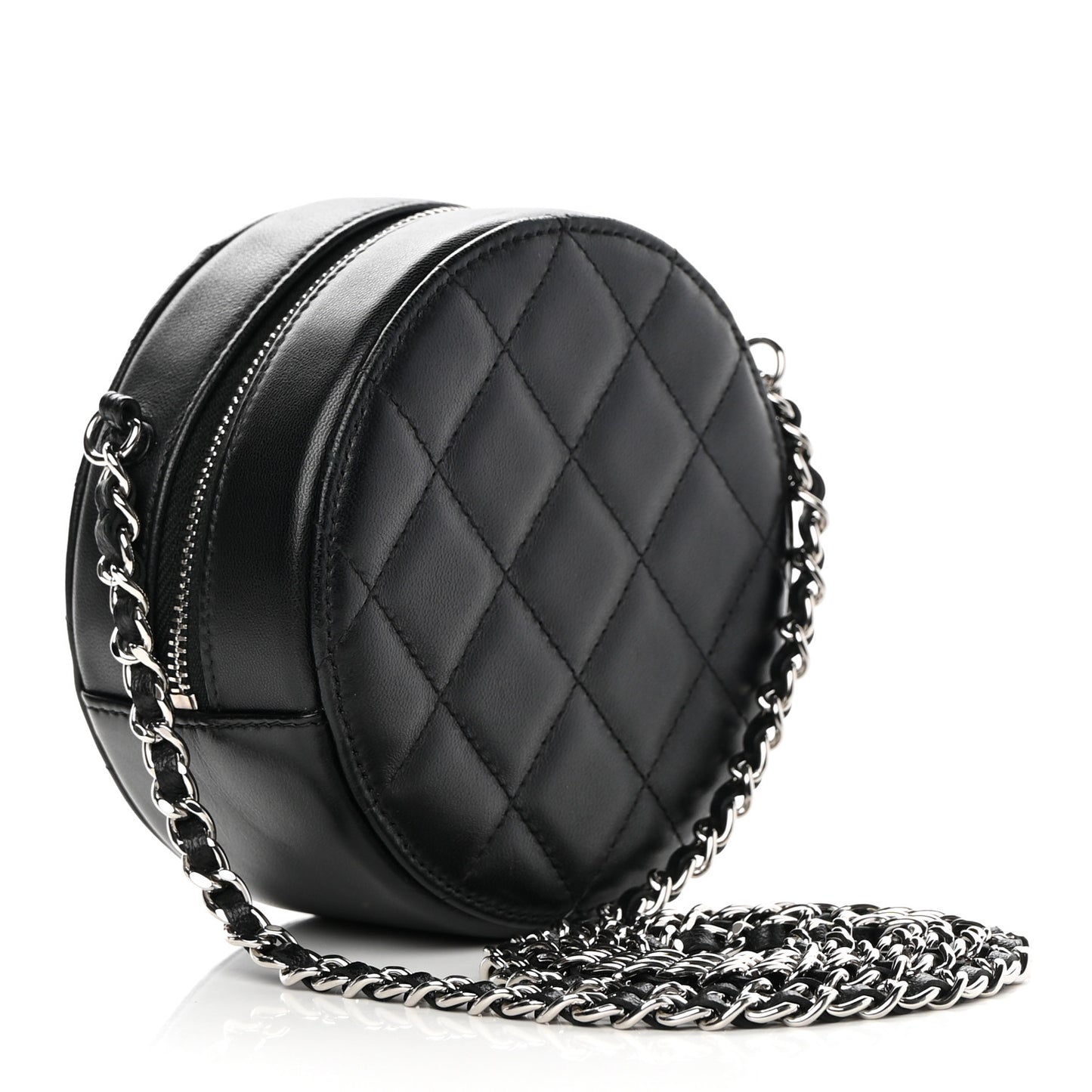 Lambskin Quilted Round Clutch With Chain Black