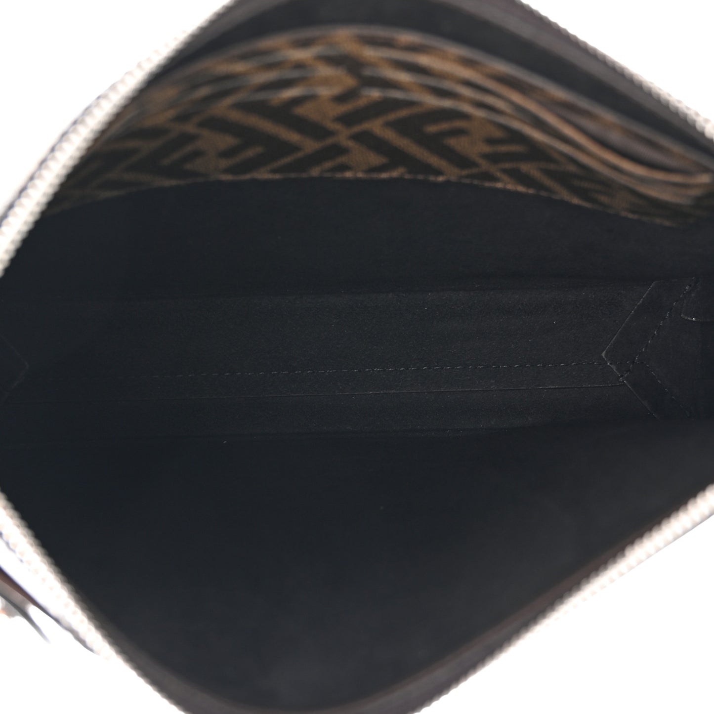 Shiny Glazed Fabric Vitello Cover FF 1974 Logo Clutch Tobacco Moro Giallo Ebano