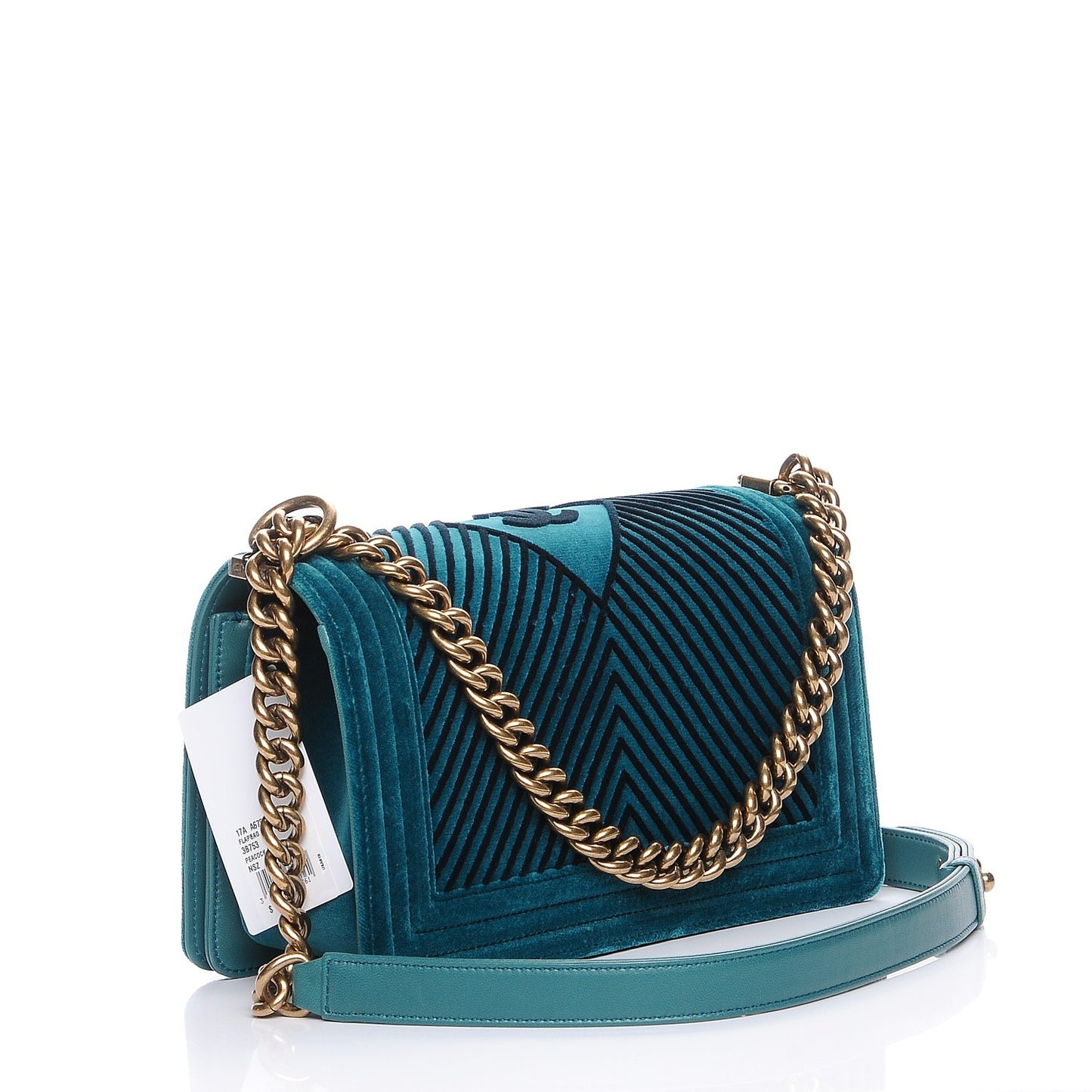 Velvet Chevron Quilted Medium Boy Flap Peacock Blue