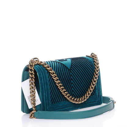 Chanel Velvet Chevron Quilted Medium Boy Flap Peacock Blue 3 of 9