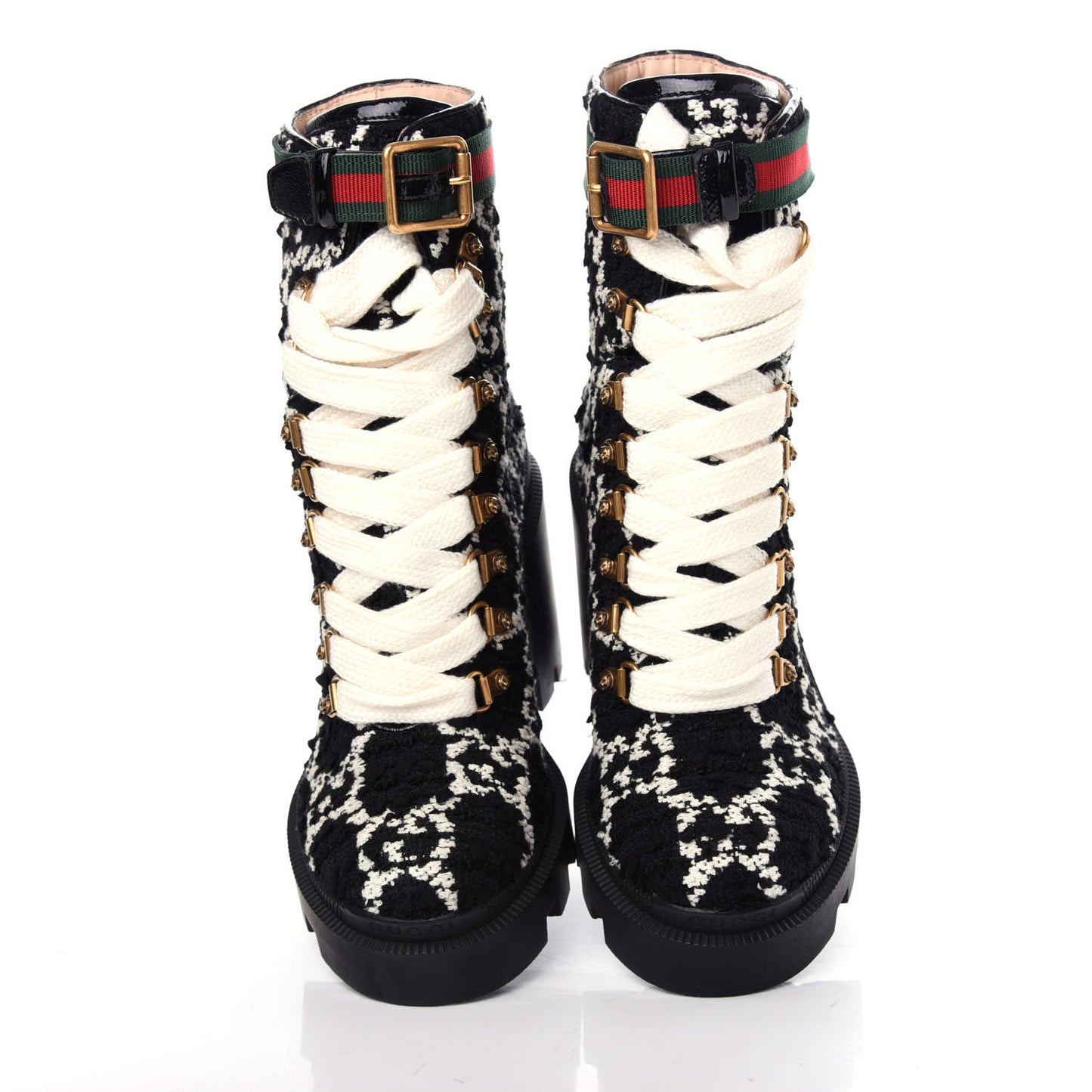 Tweed GG Monogram Lace Up Combat Ankle Boots 35 Black
