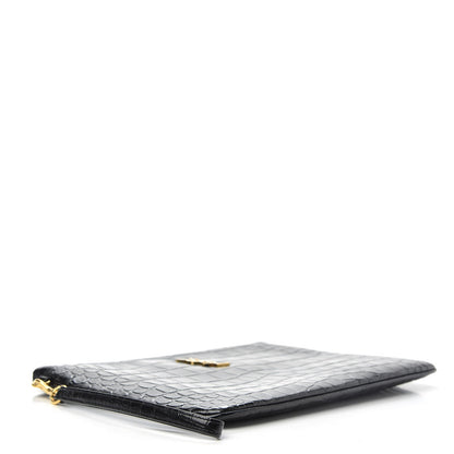 Saint Laurent Calfskin Crocodile Embossed Tablet Pouch Black 4 of 6