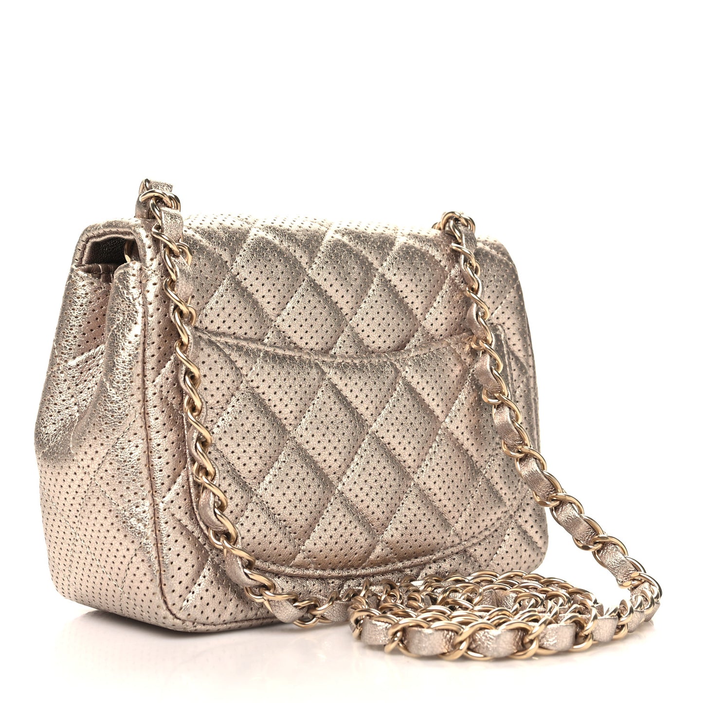 Metallic Lambskin Perforated Mini Square Flap Gold