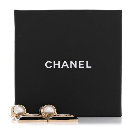 Chanel Metal Enamel Pearl Square CC Drop Earrings Gold Black White 5 of 5