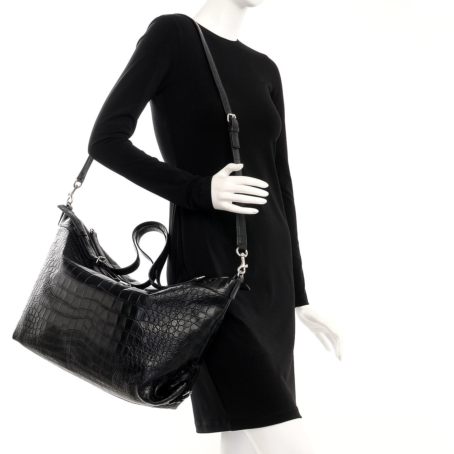 Calfskin Crocodile Embossed Large Convertible ID Bag Black