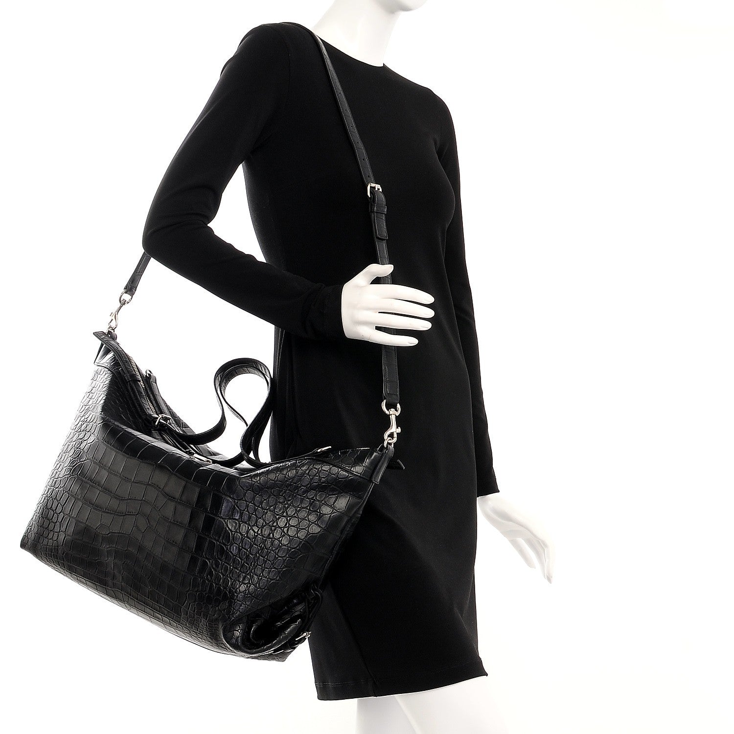 Saint Laurent Calfskin Crocodile Embossed Large Convertible ID Bag Black 3 of 8