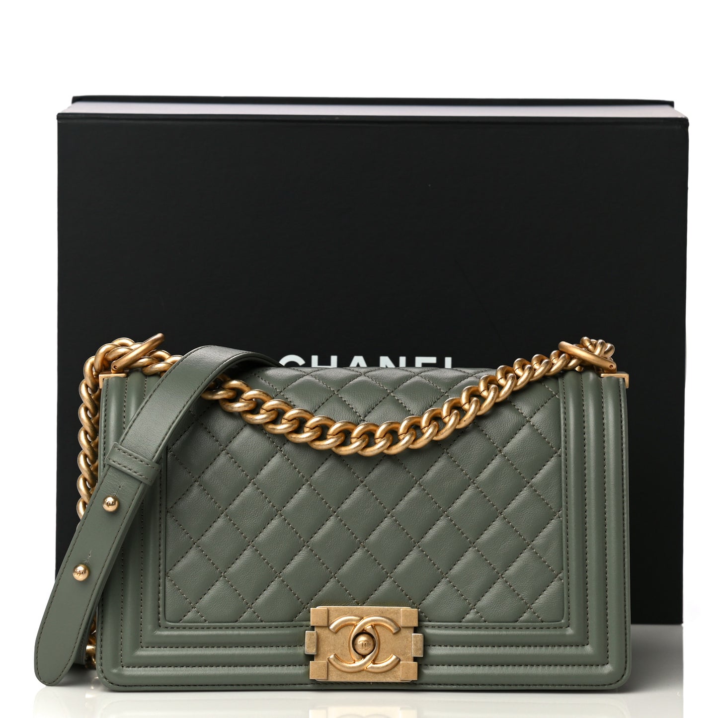 Calfskin Quilted Medium Boy Flap Dark Green