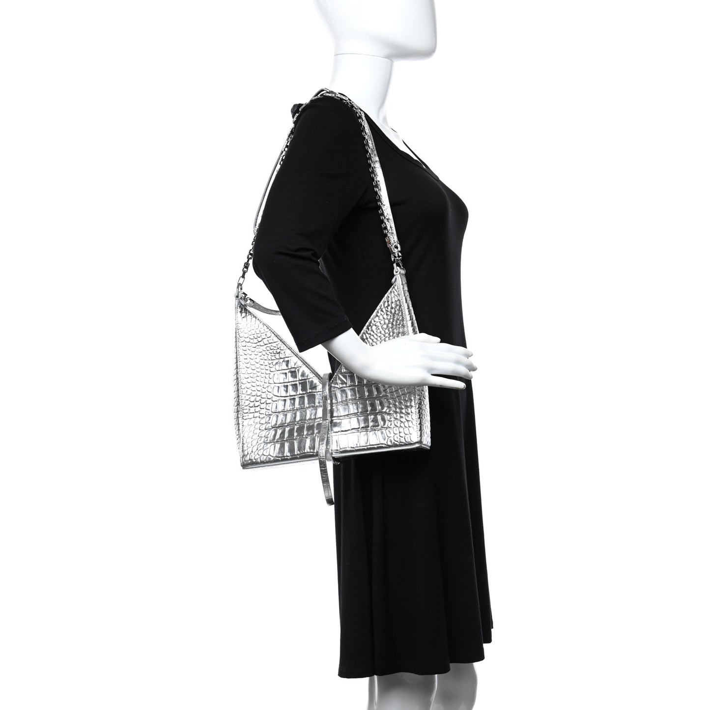Metallic Calfskin Croc Embossed Small Cut Out Shoulder Bag Silver