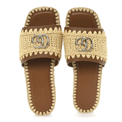 Gucci Raffia Interlocking G Flat Slide Sandals 37.5 Bright Natural Sundial 2 of 9