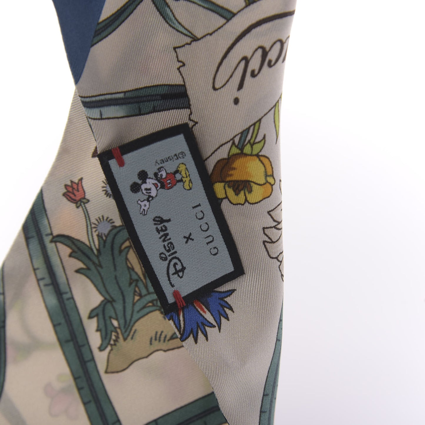 X DISNEY Silk Twill Mickey Lac Neck Bow Scarf Ivory Blue
