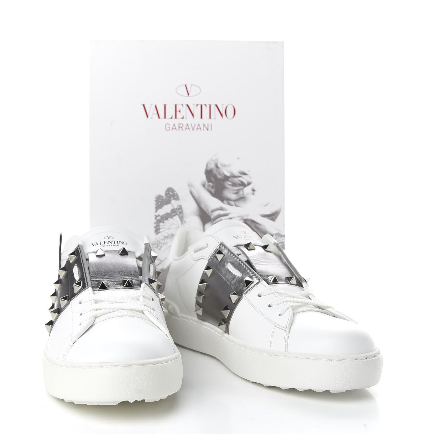 X UNDERCOVER Calfskin Butterfly Womens Rockstud Untitled Open Sneakers 39 White Silver