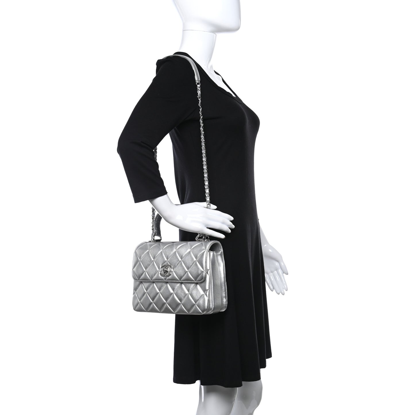 Metallic Lambskin Quilted Small Trendy CC Flap Dual Handle Bag Silver