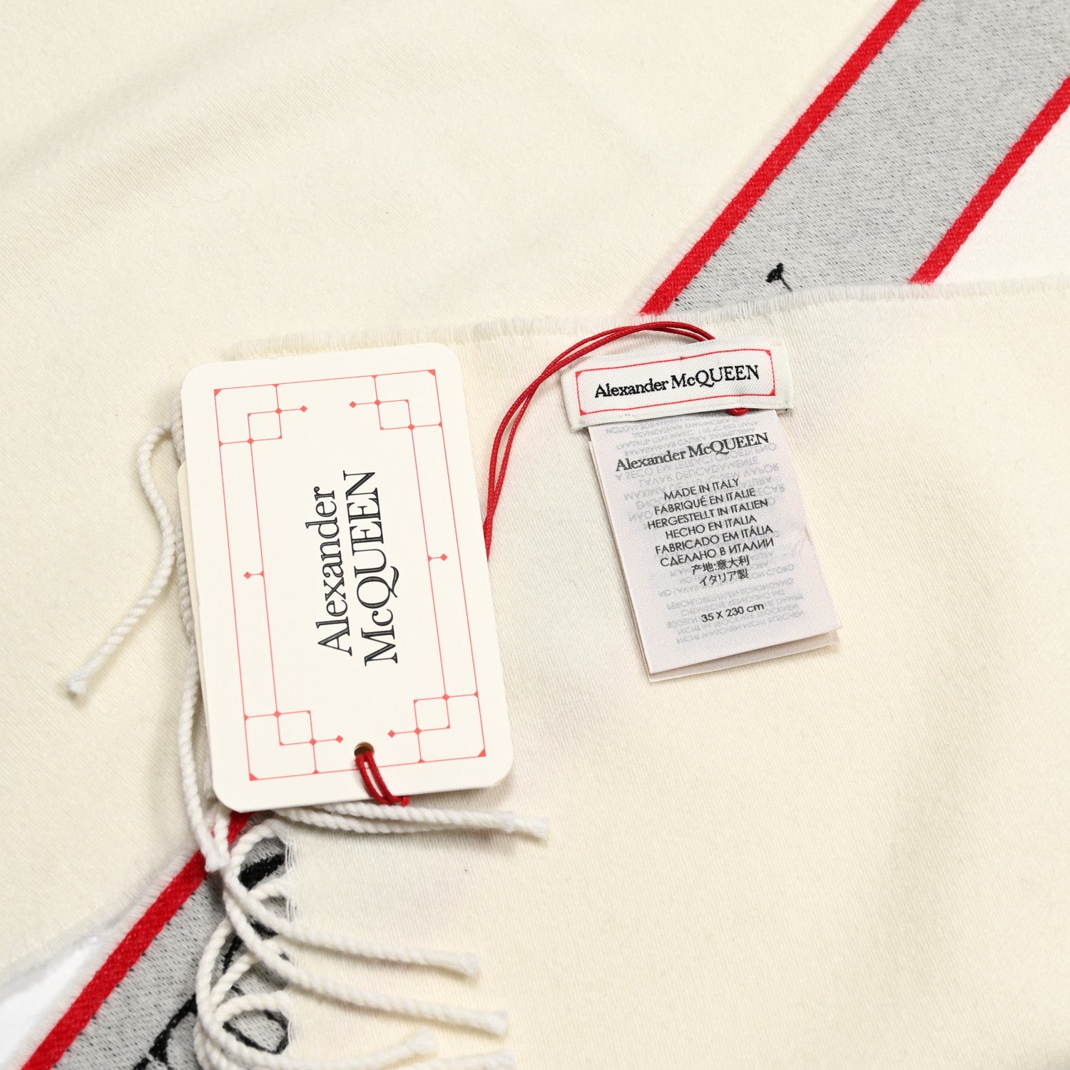 Alexander McQueen Wool Cashmere Logo Scarf White Black Red 3 of 5