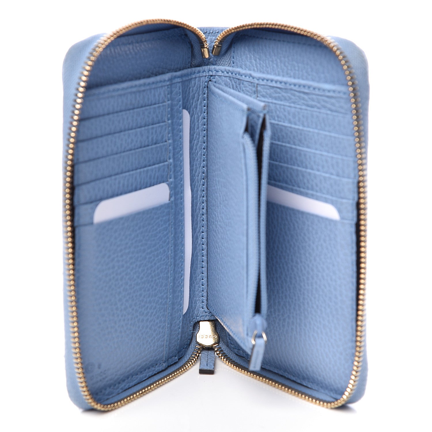 Gucci Monogram Dollar Calfskin Zip Around Compact Wallet Beige Ebony Mineral Blue 5 of 13