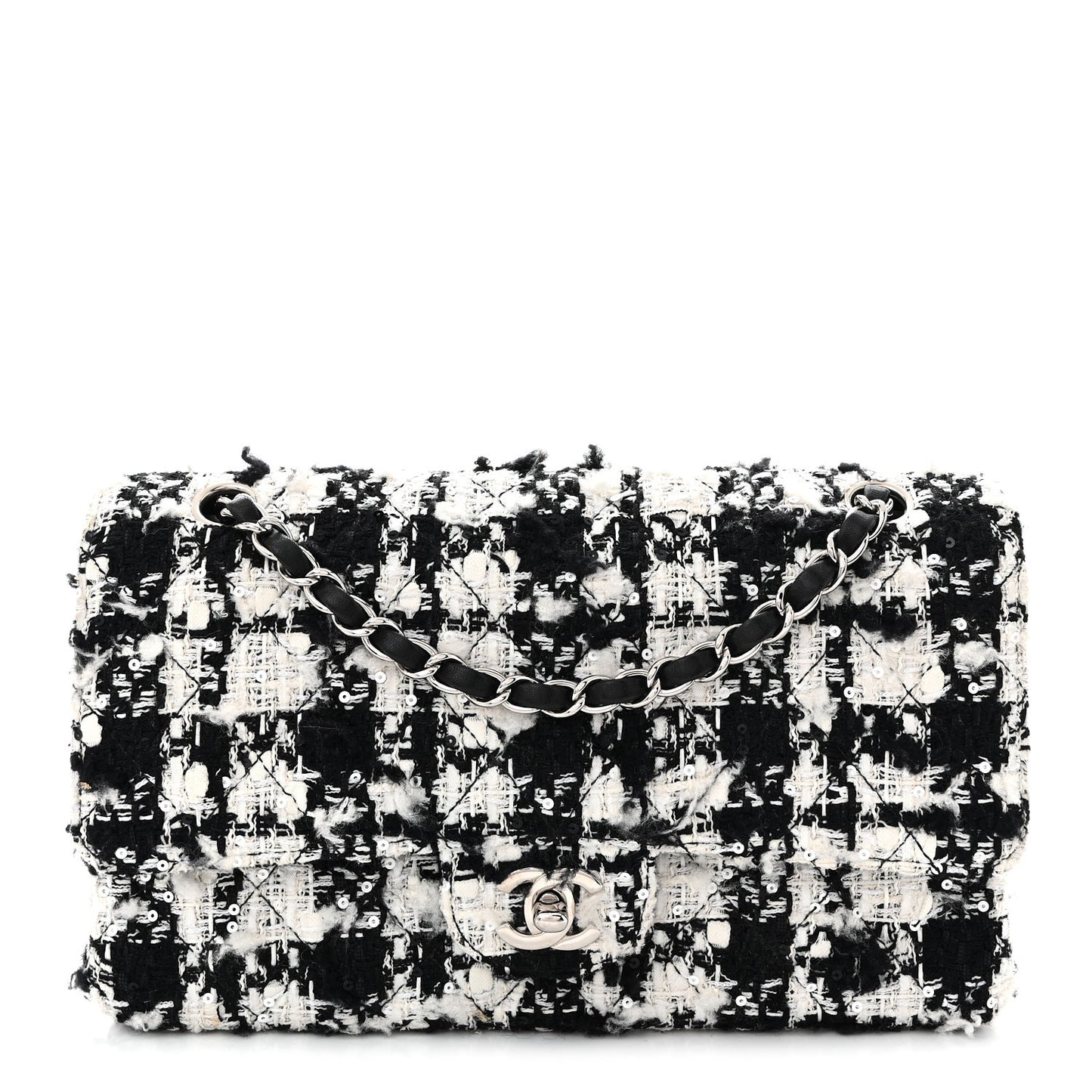 Tweed Sequin Quilted Medium Double Flap Black White