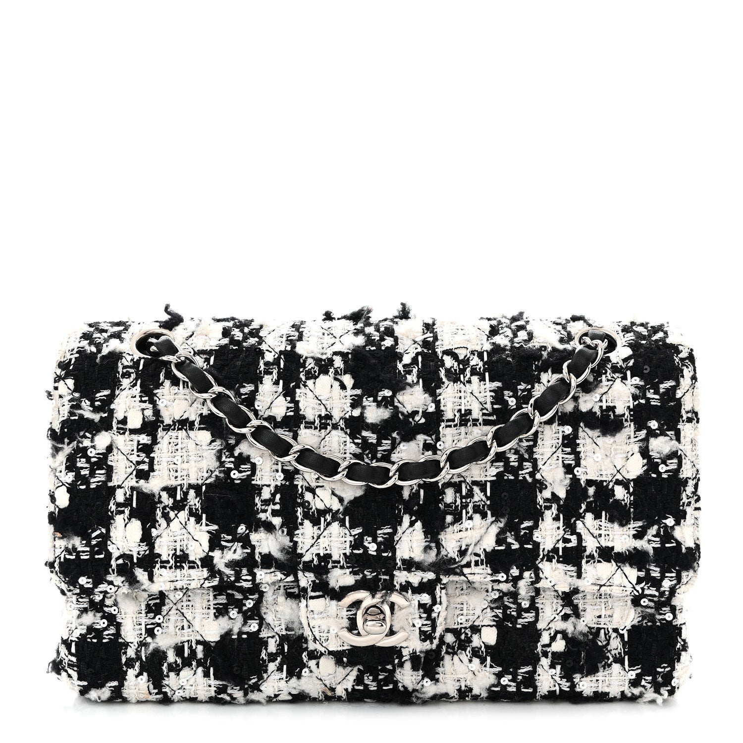 Chanel Tweed Sequin Quilted Medium Double Flap Black White 1 of 10