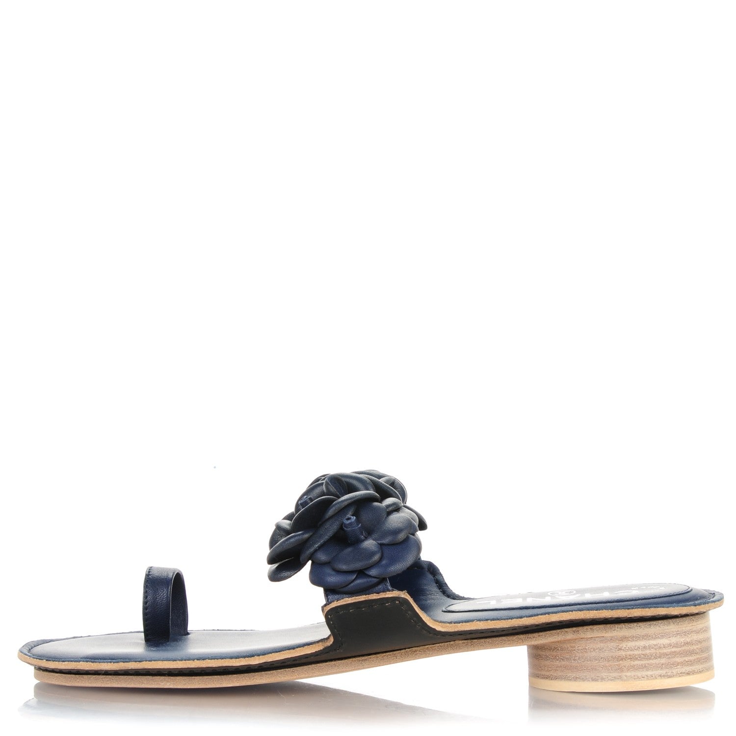 Chanel Lambskin Camellia Sandals 38 Dark Navy Blue 1 of 7