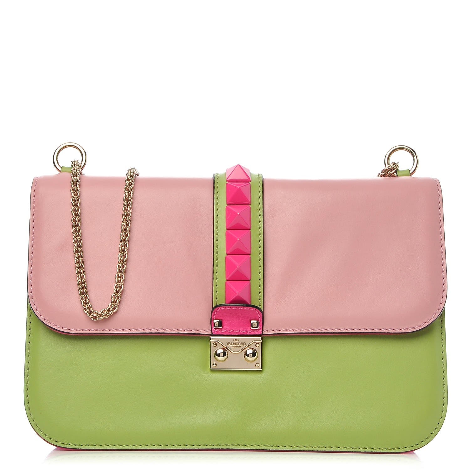 Valentino Garavani Vitello Tri-Color Large Glam Lock Rockstud Flap Pop Gardenia Pop Apple Pop Fuxia 1 of 8