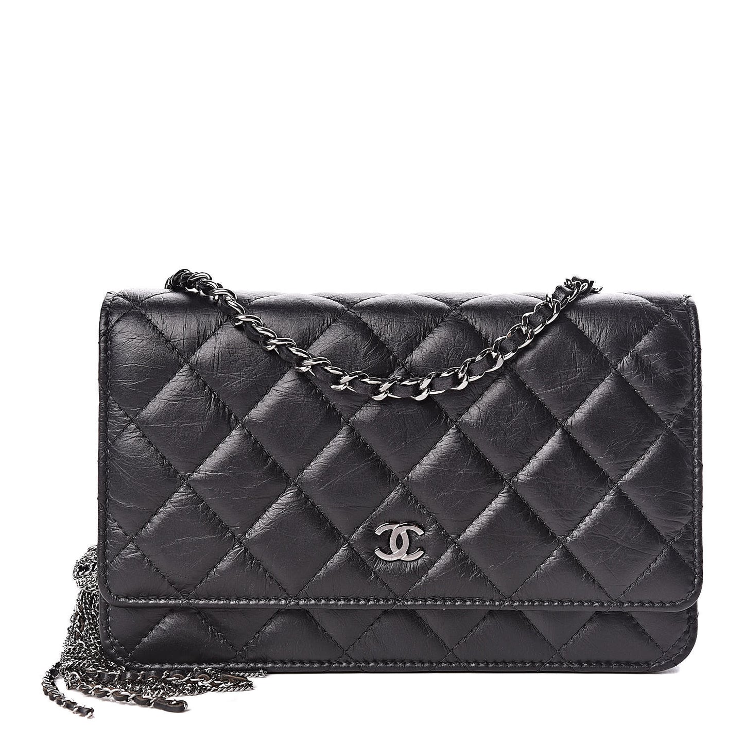 Aged Calfskin Quilted Tassel Wallet On Chain WOC Black