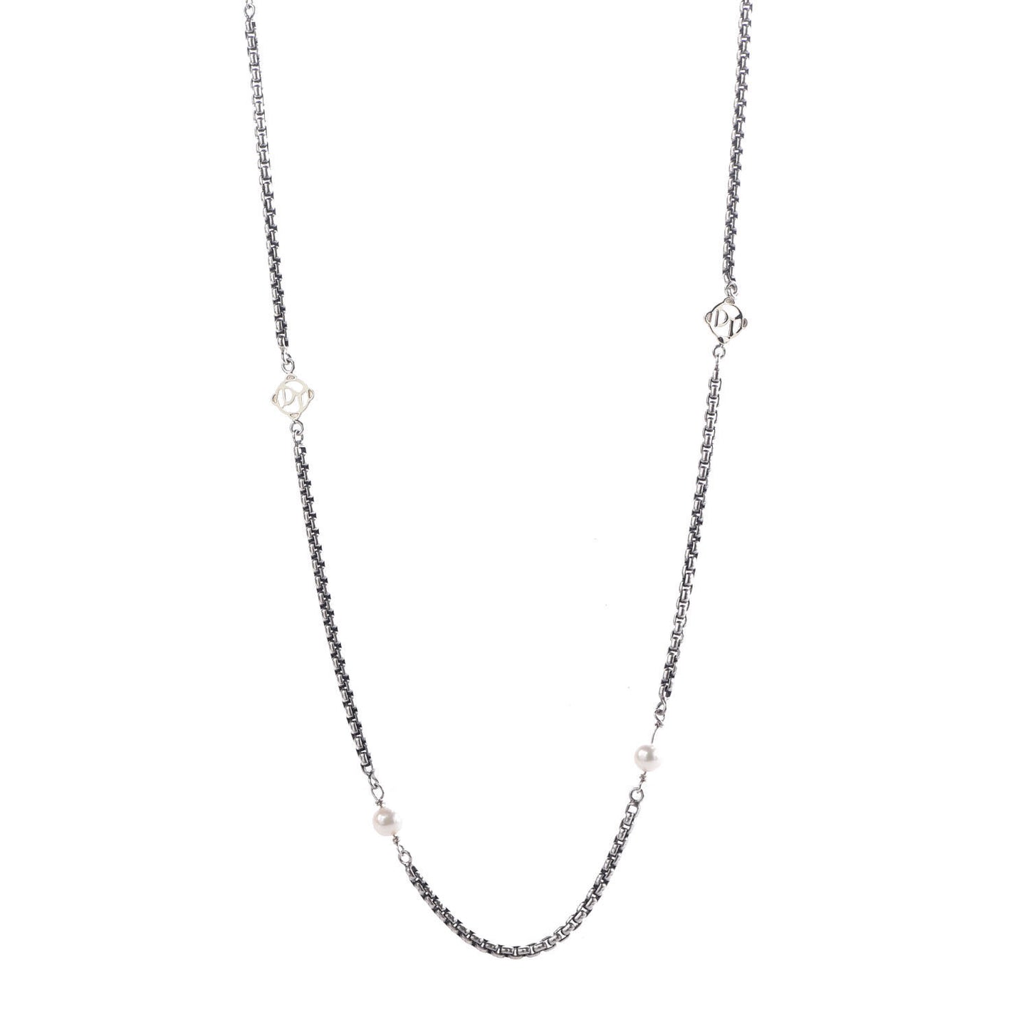 Sterling Silver 14K Yellow Gold Pearl Logo Station Necklace 32"