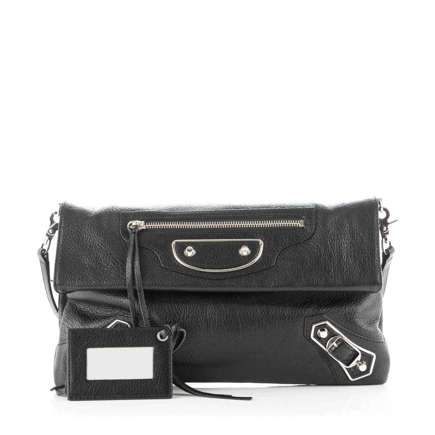 Chevre Silver Metallic Edge Hardware Envelope Clutch Black