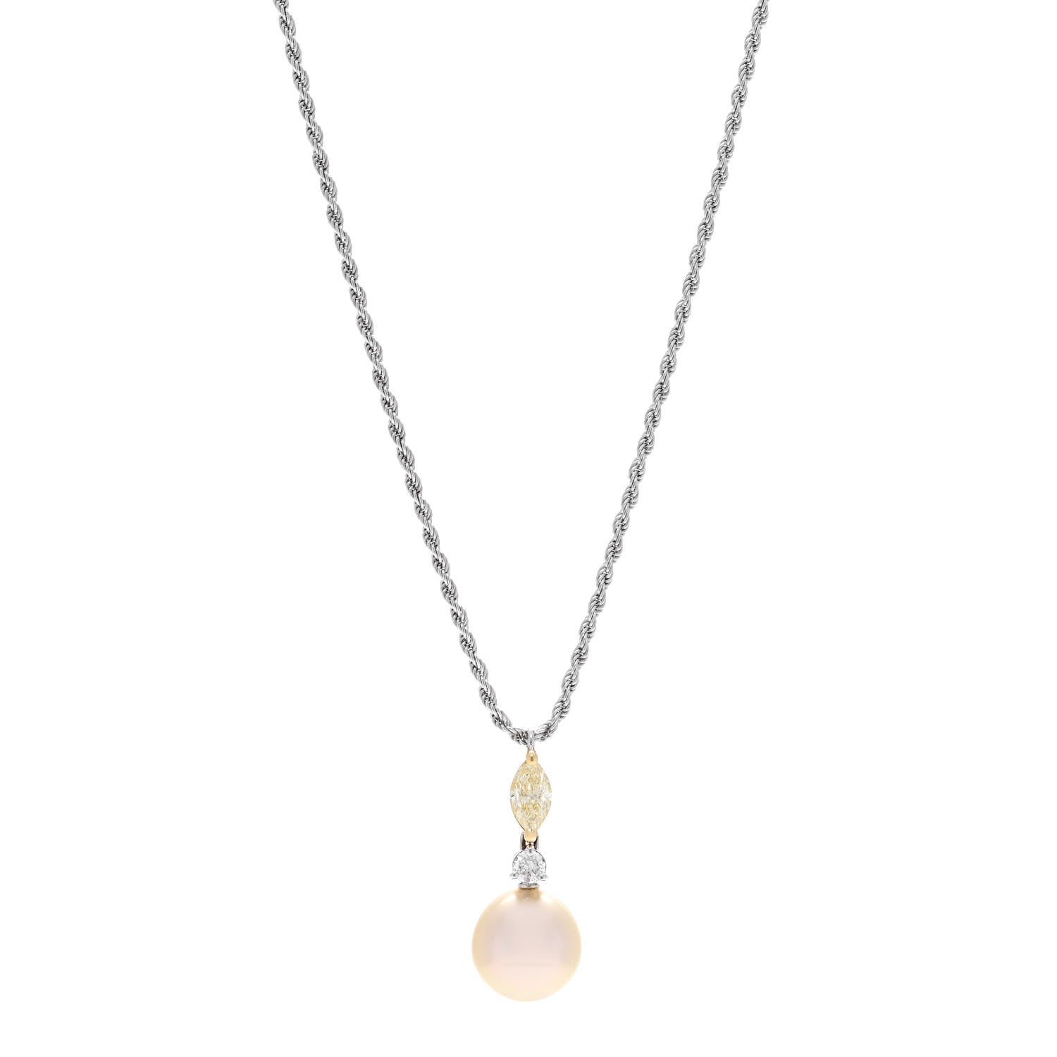 Damiani 18K White Gold Yellow Diamond Freshwater Cultured Pearl Drop Cluster Pendant Necklace 1 of 4