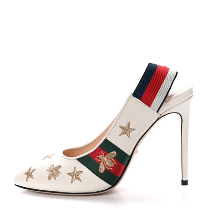 Gucci Malaga Kid Web Bee Star Embroidered Sylvie High Heel Slingback Pumps 39 White 1 of 9