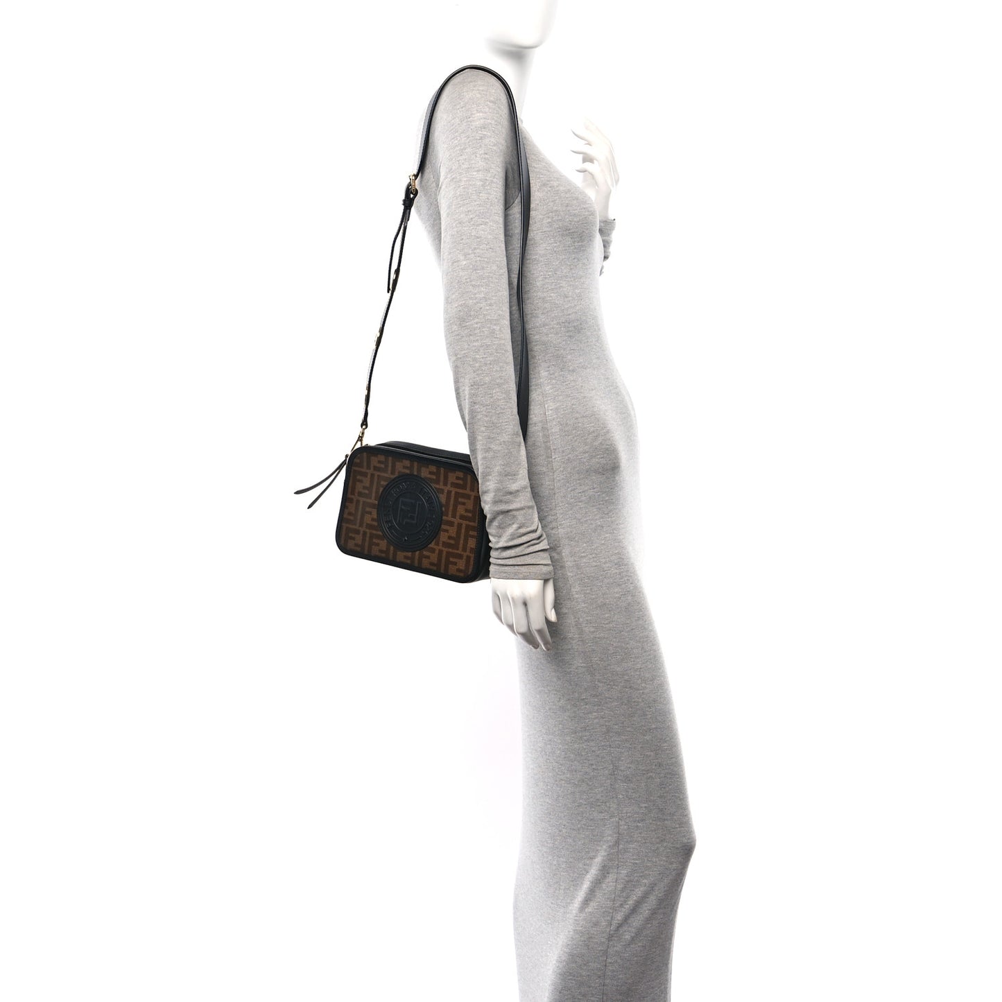 Glazed Fabric Vitello Century F is Fendi FF 1974 Stamp Patch Camera Case Mogano Panna Black