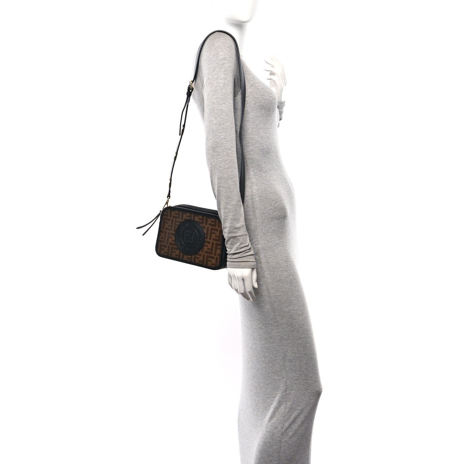 Fendi Glazed Fabric Vitello Century F is Fendi FF 1974 Stamp Patch Camera Case Mogano Panna Black 2 of 11