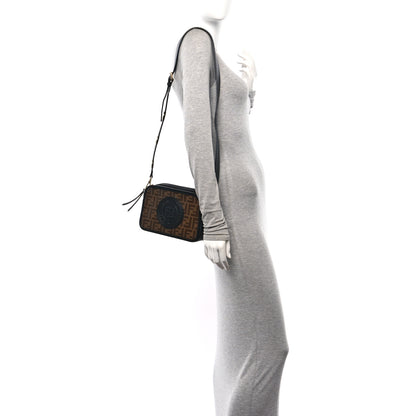 Fendi Glazed Fabric Vitello Century F is Fendi FF 1974 Stamp Patch Camera Case Mogano Panna Black 2 of 11