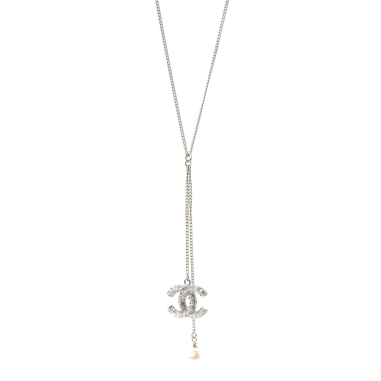 Chanel Baguette Crystal Pearl CC Lariat Necklace Silver 1 of 7
