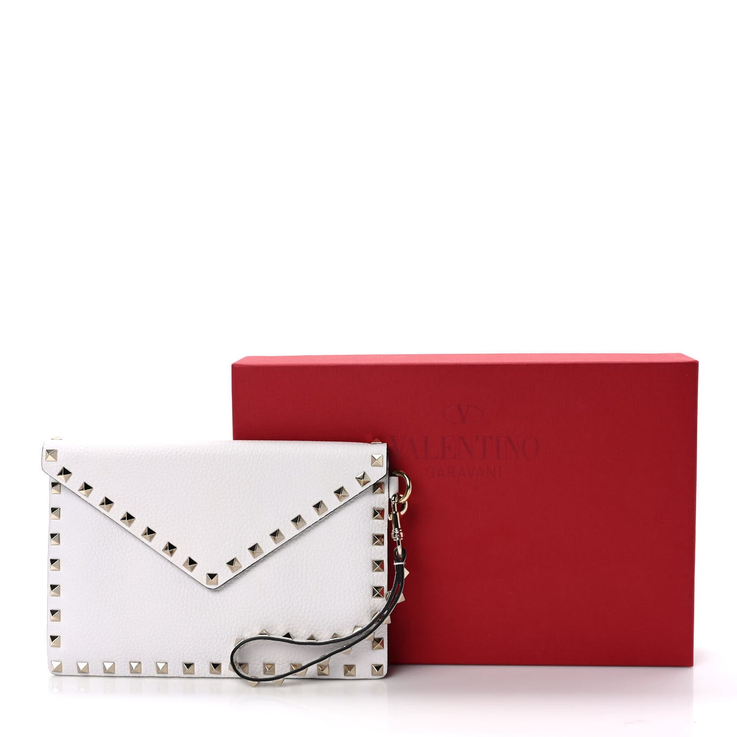 Pebbled Calfskin Medium Rockstud Envelope Flat Wristlet Pouch White