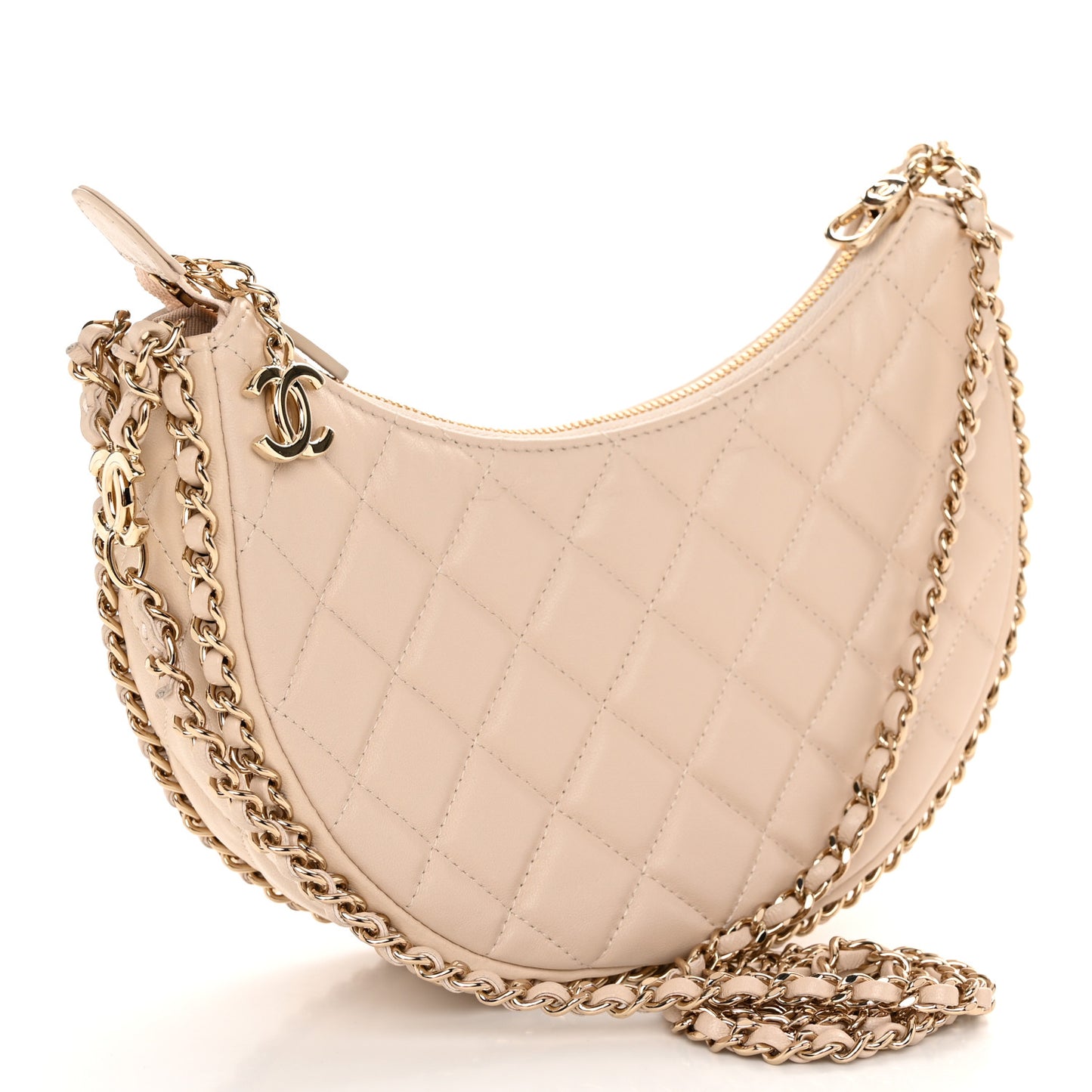 Lambskin Quilted Small Hobo Bag Light Beige