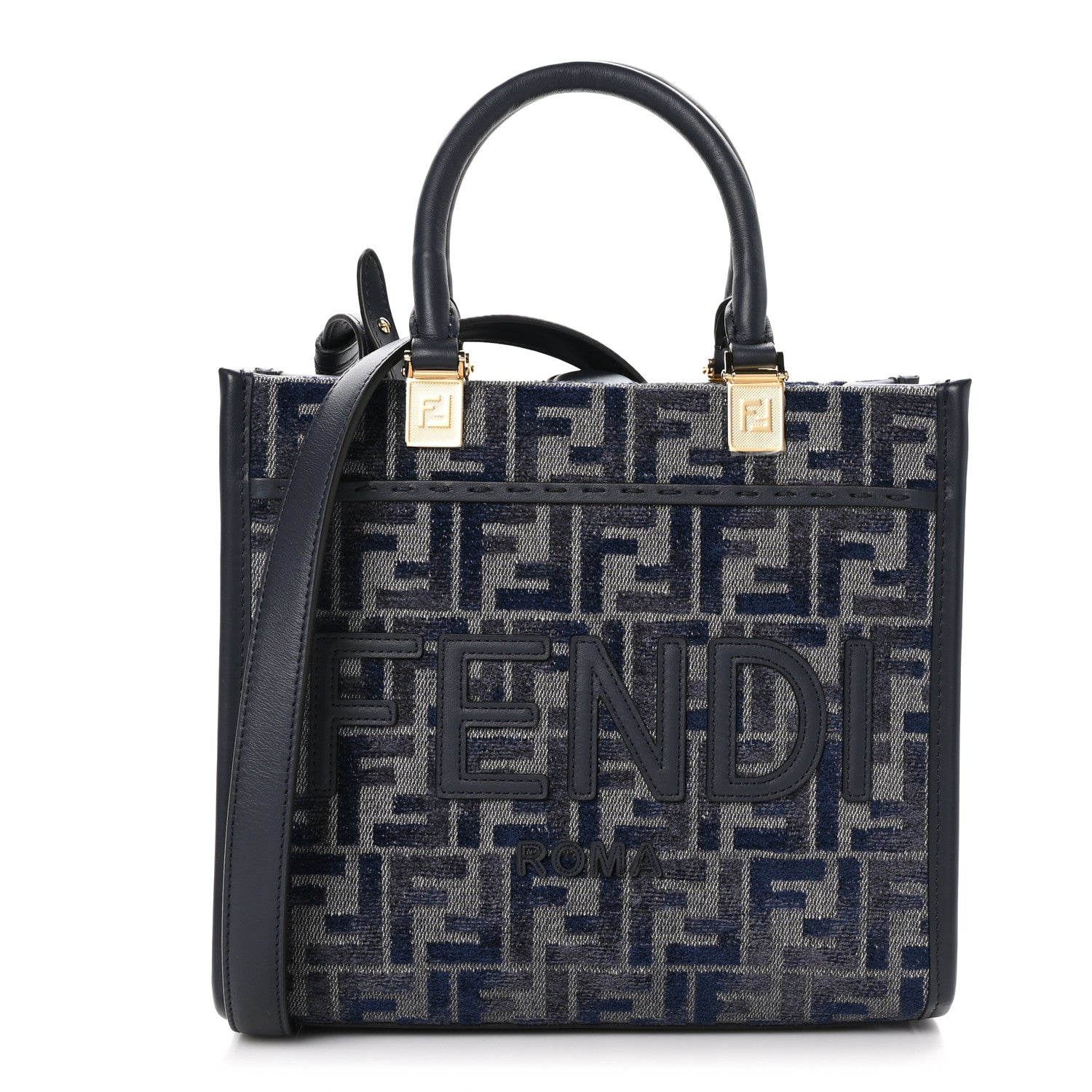 Fendi Chenille Vitello Grace FF Embroidered Small Fendi Sunshine Shopper Tote Dark Blue Grey 1 of 10