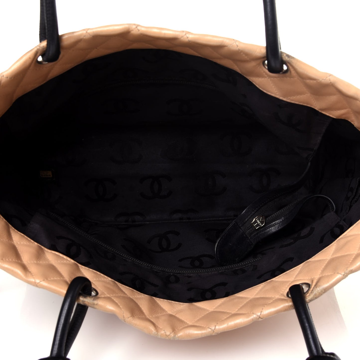 Calfskin Quilted Large Cambon Tote Beige Black
