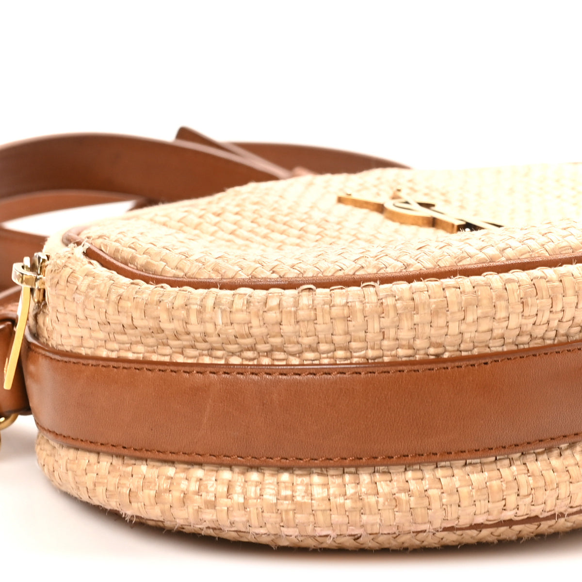Raffia Calfskin Round Camera Bag Golden Ecru Brick