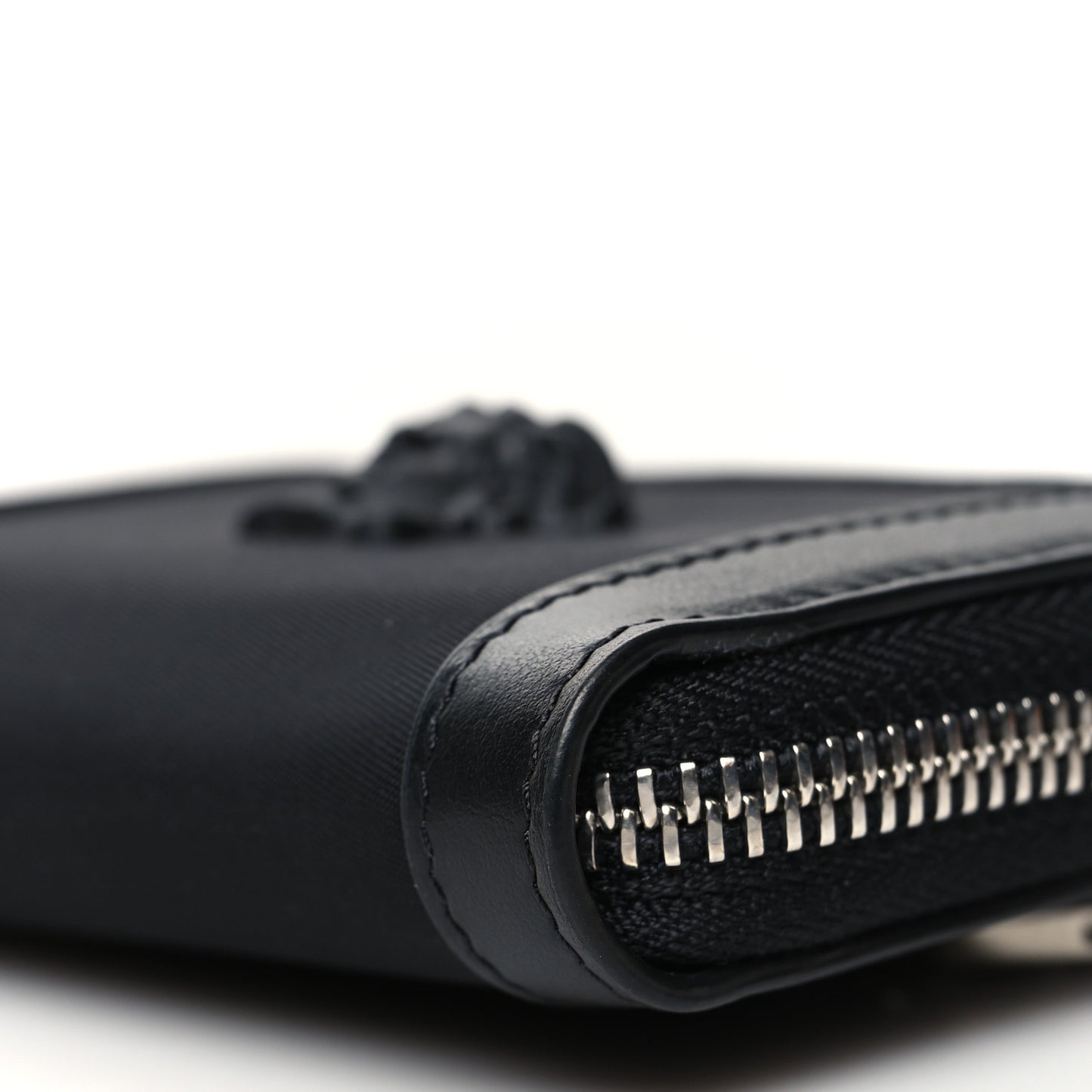 Calfskin Nylon La Medusa Zip Around Lanyard Wallet Black